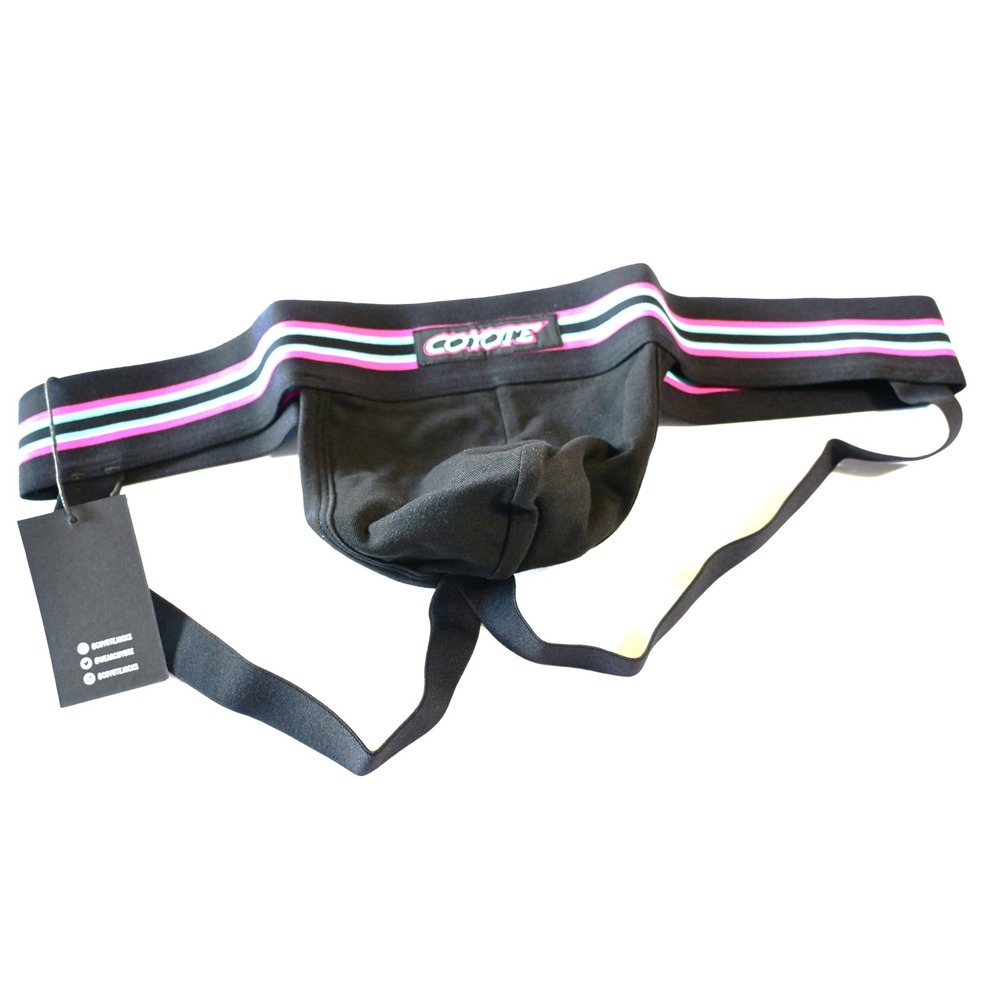 Coyote Jockstrap Men Large Like New Black Neon Pink Blue Striped L-NEONBLK-JOCK